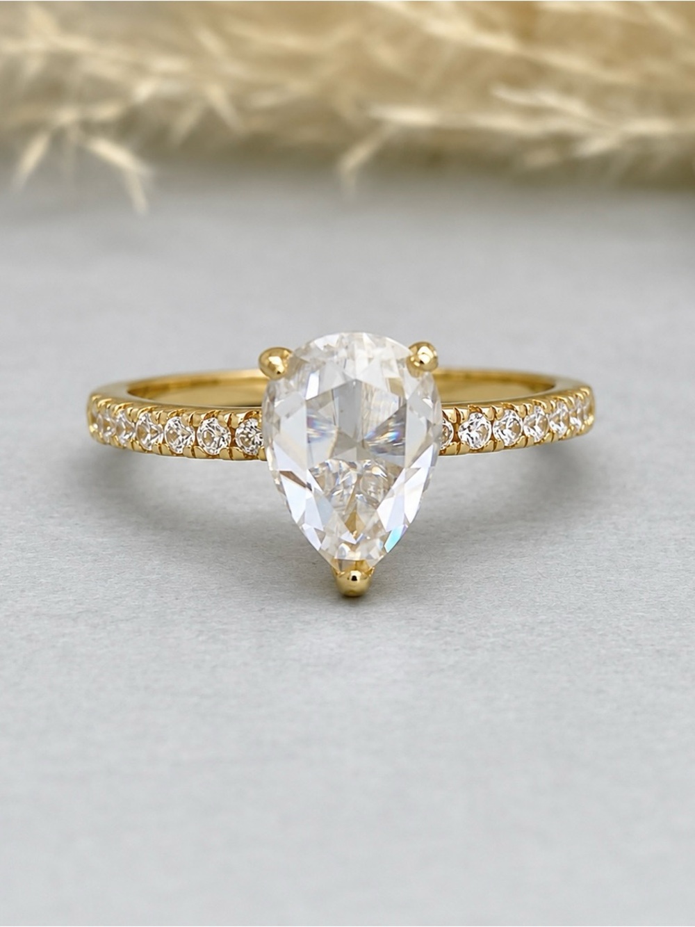 Yellow Gold Pear Shape Rose Cut Moissanite Diamond Pave CZ Sterling Silver Ring